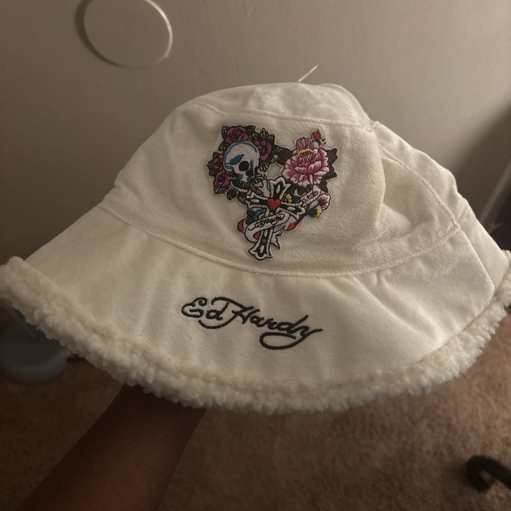 Ed Hardy White Faux Fur Bucket Hat with Tattoo Skull and Flower Embroidery